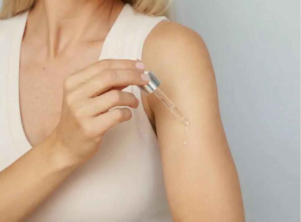 Applying serum to the upper arm with a dropper